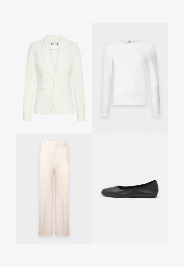 Witte blazer van een gladde stof, met een enkele knoopsluiting, notch-kraag en twee voorkruiszakken. Etiket leest "ICHI."; Witte lange mouwen T-shirt van zacht katoen, met een ronde hals en een slank fit ontwerp met schone naden en zonder zichtbare patronen.; Beige pantalon met een rechte pijp, gemaakt van lichtgewicht stof. Bevat voorplooien en een klassieke tailleband.; Zwarte leren ballerina met een ronde neus, gladde textuur, minimale stikdetails en een flexibele zoolontwerp.