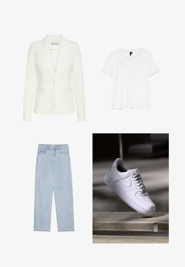 Hvid blazer lavet af glat stof, med enkel knaplukning, notched revers og to frontlommer. Mærket siger "ICHI."; Hvid kortærmet t-shirt med rund halsudskæring, lavet af letvægtsstof. Enkel design, glat tekstur og lige kant.; Lyseblå, højtaljede denimbukser med lige ben, fem lommer og synlige sømme. Materialet har en klassisk vaskeeffekt.; Hvid Nike Air Force 1 sneaker svævende over en betonoverflade med skygger i et minimalistisk miljø.