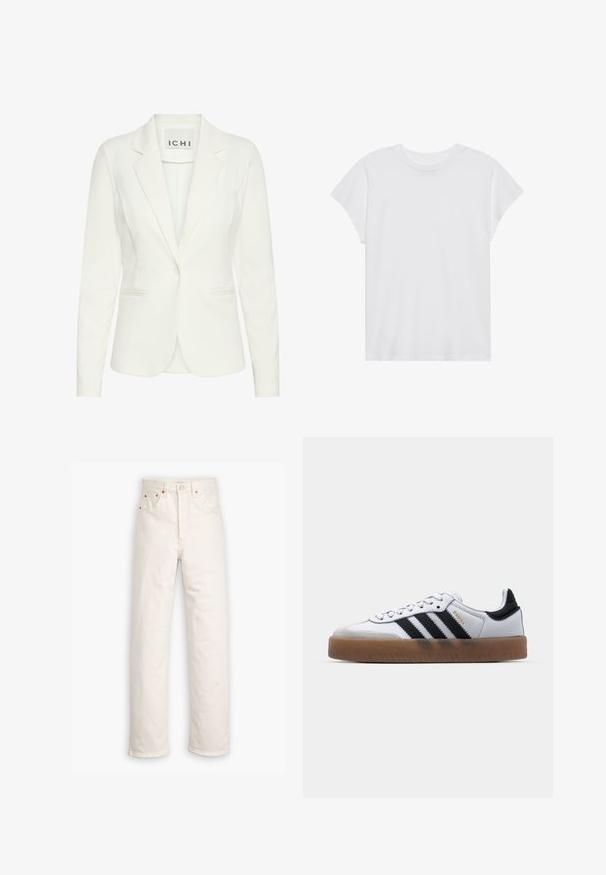 Weißer Blazer aus glattem Stoff, mit einem einzelnen Knopfverschluss, Reverskragen und zwei vorderen Taschen. Das Etikett trägt die Aufschrift "ICHI."; Weißes kurzärmliges T-Shirt mit Rundhalsausschnitt, lockerer Passform, aus weichem Baumwollstoff. Glatte Textur, keine Muster oder Logos.; Weiße Denim-Jeans mit geradem Bein, im Fünf-Taschen-Stil und mit kupferfarbenen Hardware-Details. Rohschnitt an den Knöcheln.; Weiße Leder Sneakers mit schwarzen Streifen, Gummigummi-Außensohle, runder Zehenform, Schnürverschluss und weichem grauem Wildleder-Zehenkappe.