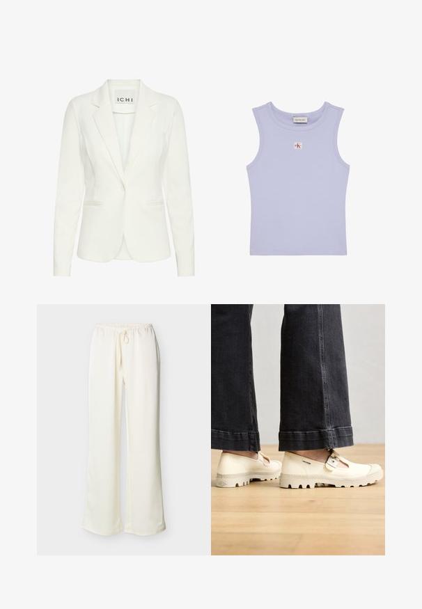 Weißer Blazer aus glattem Stoff, mit einem einzelnen Knopfverschluss, Reverskragen und zwei vorderen Taschen. Das Etikett trägt die Aufschrift "ICHI."; Ärmelloses, geripptes lilafarbenes Crop-Top mit rundem Ausschnitt und kleinem rot-weißem Calvin Klein Logo-Patch auf der Brust.; Cremefarbene Hosen mit weitem Bein, elastischem Bund und vorderer Kordel, vor einem schlichten hellen Hintergrund präsentiert.; Beige Stoffschuhe mit Ausschnittdesign und Riemendetails, ausgestattet mit strukturierten Gummisohlen und sichtbarer Markenkennzeichnung an der Seite.