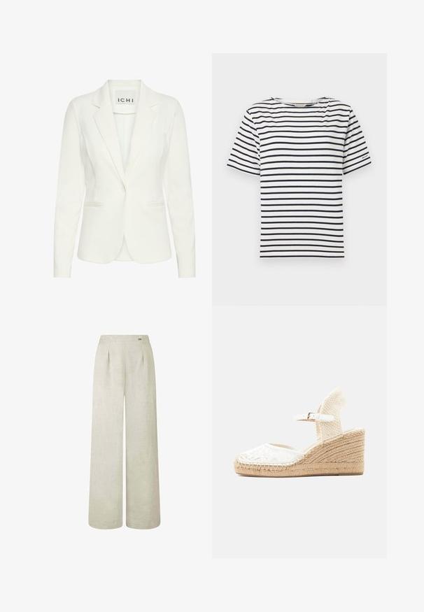 Witte blazer van een gladde stof, met een enkele knoopsluiting, notch-kraag en twee voorkruiszakken. Etiket leest "ICHI."; Witte t-shirt met horizontale marineblauwe strepen, ronde halslijn, korte mouwen en een klein logodetail op de linkermouw. Van katoen.; Lichtbeige wijde broek van linnen, met een hoge taille, plooien en een gladde, licht gestructureerde stof.; Witte kanten espadrille sleehak sandaal met enkelriem en gevlochten jute hak, getoond in zijaanzicht op een lichte achtergrond.