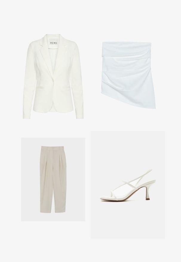 Hvid blazer lavet af glat stof, med enkel knaplukning, notched revers og to frontlommer. Mærket siger "ICHI."; Hvidt stof mini nederdel med draperet design, som har en blød tekstur og asymmetrisk form, foldet ved taljen for ekstra stil.; Beige højttaljede skræddersyede bukser med folder, sidelommer, bæltestropper og lynlås foran.; Hvid kvindes sandal med åben tå, tynde krydsede stropper og slingback på en lys baggrund.