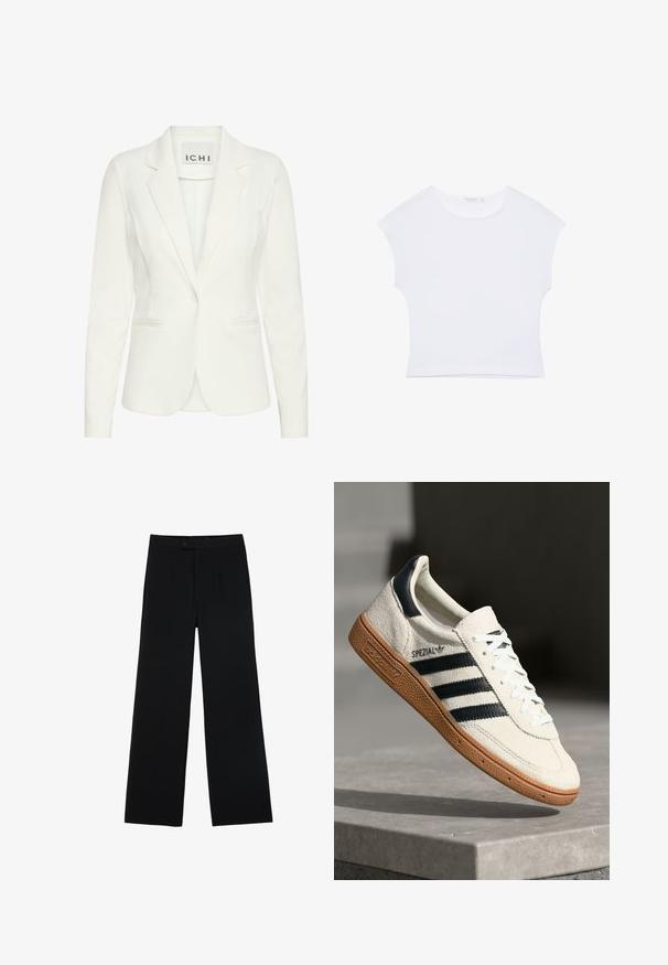Hvid blazer lavet af glat stof, med enkel knaplukning, notched revers og to frontlommer. Mærket siger "ICHI."; Hvid kortærmet cropped T-shirt med rund halsudskæring, lavet af glat stof, lagt fladt på en hvid baggrund.; Sorte vidde bukser lavet af glat stof, med en frontknaplukning og to plissee for ekstra detaljer. Skræddersyet design i det hele taget.; Hvide ruskinds sneakers med marineblå striber, gummisål, struktureret overdel, rund tå og snøring; har branding på siden og tungen.