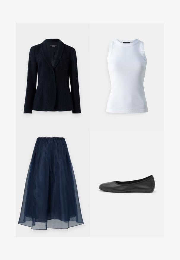 Blazer entallado azul marino oscuro con tejido texturizado, cuello chal, mangas largas y un bolsillo en el pecho, etiquetado como Emporio Armani ICON.; Top sin mangas blanco hecho de tela acanalada, con un escote redondo y una silueta ajustada. Textura suave, sin patrones ni acentos visibles.; Falda midi azul marino con cinturilla elástica y sobreposición transparente, con un diseño fluido y en capas sobre un fondo liso.; Bailarina de piel negra con punta redondeada, textura suave, detalle de costura minimalista y diseño de suela flexible.