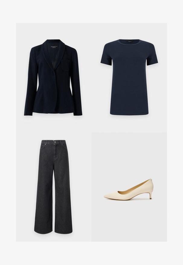Mørkeblå skræddersyet blazer med struktureret stof, sjalskrave, lange ærmer og en enkelt brystlomme, mærket Emporio Armani ICON.; Mørkeblå kortærmet bomuld T-shirt med rund halsudskæring, vist fladt mod en hvid baggrund.; Sort, højtsiddende jeans med vide ben, lukning med knap og lynlås, forlommer og bæltestropper.; Beige spids tå pumpe lavet af glat syntetisk materiale, med en lav hæl og et slip-on design med en subtil detalje bagpå.