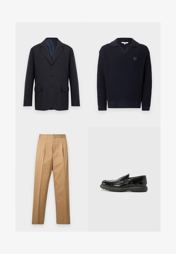 Blazer pour homme noir à simple boutonnage avec revers crantés, trois boutons sur le devant, deux poches à rabat en bas et une poche poitrine passepoilée, sur fond blanc.; Pull en maille côtelée bleu marine foncé avec un col replié et un petit logo renard brodé sur le côté gauche de la poitrine.; Pantalon beige à jambes droites avec plis à l'avant, ceinture, et fermeture avant dissimulée, présenté sur un fond gris clair uni.; Mocassin en cuir noir avec une finition brillante, bout arrondi, détails de couture subtils et semelle en caoutchouc épaisse pour la durabilité.
