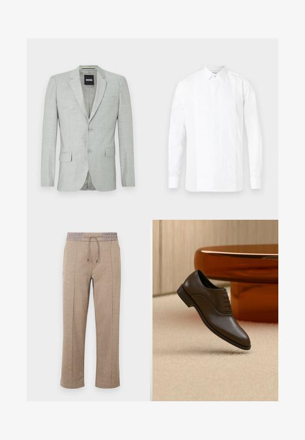 Blazer gris claro con un patrón texturizado, dos botones, solapas de muesca y bolsillos laterales. El interior presenta un forro impreso sutil.; Camisa blanca de manga larga con cuello clásico, que presenta un panel frontal plisado y laterales lisos, fabricada en algodón. Acabado sutilmente brillante.; Pantalones de color marrón claro de corte relajado con cinturilla elástica y cordón ajustable. Textura suave con detalles en las costuras laterales y aberturas de pierna estrechadas.; Zapato marrón de cuero con cordones, flotando sobre una alfombra beige, con una mesa redonda de color ámbar en el fondo.