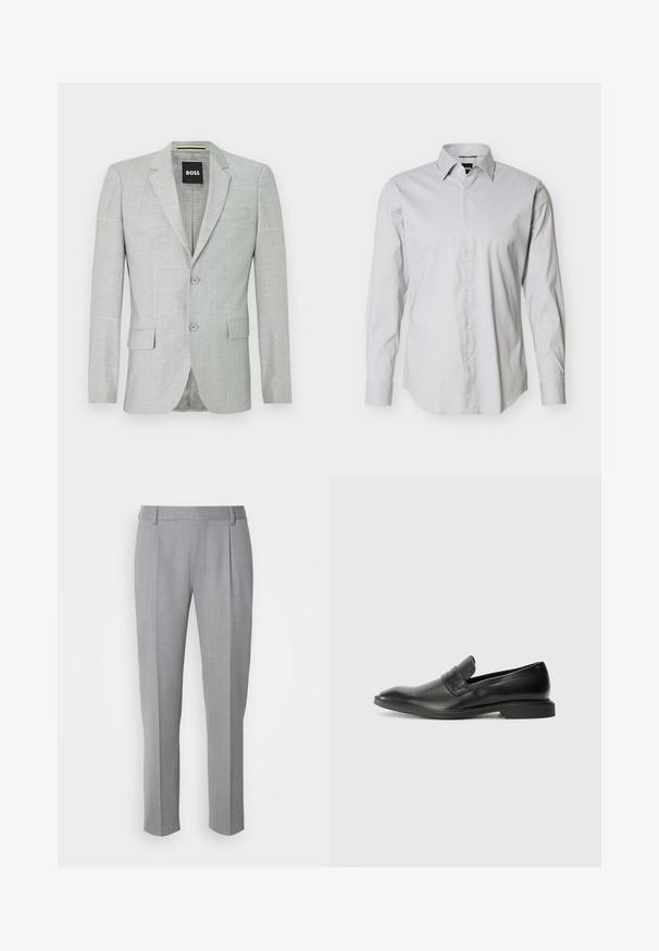 Blazer gris clair avec un motif texturé, deux boutons, revers crantés et poches latérales. L'intérieur présente une doublure à motif subtil.; Chemise habillée pour hommes à manches longues gris clair avec boutonnage sur le devant, col pointu et poignets à un bouton sur fond blanc uni.; Pantalons gris sur mesure avec une texture lisse, présentant un devant plat, des jambes droites et de légères pinces pour plus de détail.; Mocassins en cuir noir avec une texture lisse, un nez pointu et un petit talon rectangulaire. Présente un détail de bande horizontale sur le dessus.