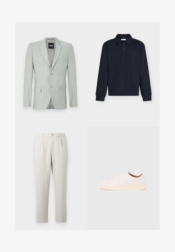 Blazer gris claro con un patrón texturizado, dos botones, solapas de muesca y bolsillos laterales. El interior presenta un forro impreso sutil.; Polo de manga larga de color azul marino oscuro con cuello y dos botones en la tapeta, puños y bajo acanalados, mostrado sobre un fondo blanco.; Pantalones de corte relajado en beige claro con un ligero brillo, que cuentan con una cintura elástica, bolsillos frontales y un diseño de pierna estrechada.; Zapatilla blanca de corte bajo con diseño de cordones, detalles mínimos de costuras y suela color crema sobre un fondo gris claro.