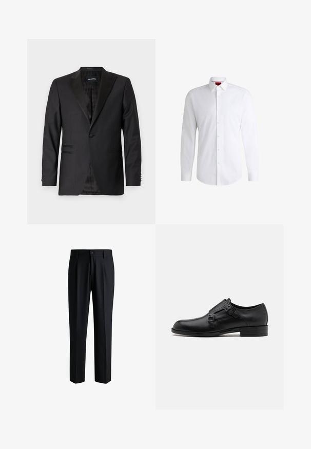 Blazer negro con solapa de muesca, botón simple, diseño estructurado, tela texturizada y dos bolsillos frontales. Interior forrado con un patrón.; Camisa blanca de botones, confeccionada en tela suave, con collar clásico, mangas largas y dobladillo curvado. Presenta botones beige en la parte delantera.; Pantalones negros de tela suave, con un diseño de pierna recta, pliegues en la parte delantera y cierre de botón con trabillas para cinturón.; Zapato de vestir de cuero negro con doble hebilla, silueta elegante y punta redonda. Cuenta con un tacón bajo y una textura suave.