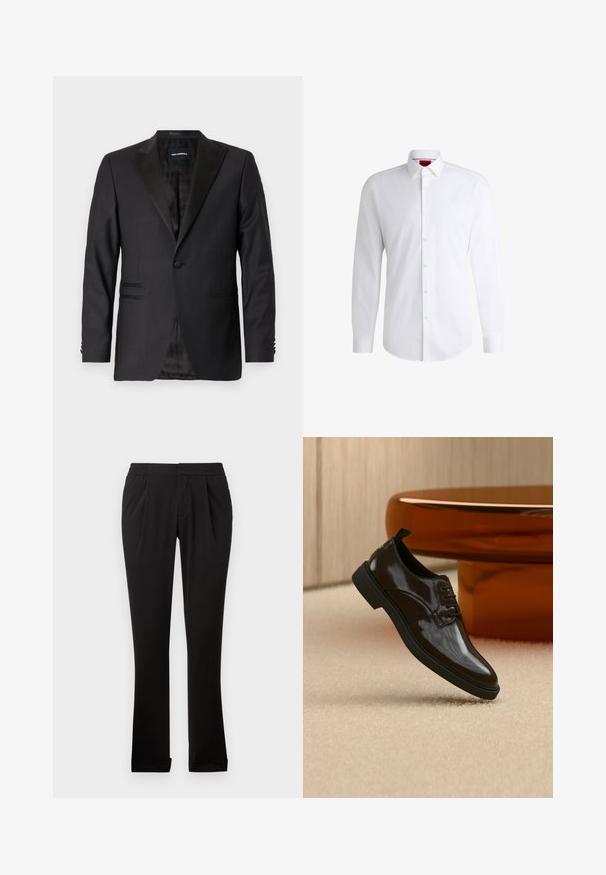 Blazer negro con solapa de muesca, botón simple, diseño estructurado, tela texturizada y dos bolsillos frontales. Interior forrado con un patrón.; Camisa blanca de botones, confeccionada en tela suave, con collar clásico, mangas largas y dobladillo curvado. Presenta botones beige en la parte delantera.; Pantalones negros de tela suave con cinturilla elástica, perneras rectas, pliegues frontales y dobladillos vueltos. Diseño sencillo y versátil.; Zapato de vestir negro brillante de cuero con cordones flotando sobre una alfombra beige con una mesa redonda marrón brillante al fondo.