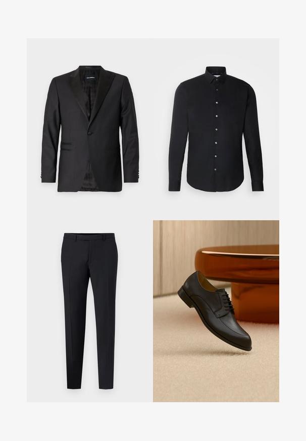 Blazer negro con solapa de muesca, botón simple, diseño estructurado, tela texturizada y dos bolsillos frontales. Interior forrado con un patrón.; Camisa negra de manga larga con cuello de botones, botones frontales, dobladillo recto y textura suave; sutil marca en el pecho.; Pantalones negros sastre de corte slim, con una parte delantera plana, lazos para cinturón y sin patrones o acentos visibles. Textura suave.; Zapato de vestir negro de cuero con cordones flotando sobre una alfombra beige, con una mesa redonda naranja al fondo.