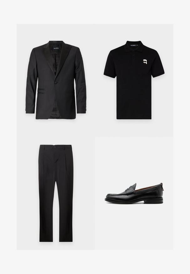 Blazer negro con solapa de muesca, botón simple, diseño estructurado, tela texturizada y dos bolsillos frontales. Interior forrado con un patrón.; Camisa polo negra de algodón con cuello, tres botones y un pequeño logo blanco en el lado izquierdo del pecho. Mangas cortas y corte recto.; Pantalones de traje negros con una textura suave, con corte recto, pliegues frontales y cierre de un solo botón en la cintura.; Mocasín de hombre de piel negra con costura moc toe, tira penny, cuello texturizado y tacón bajo apilado sobre fondo blanco.