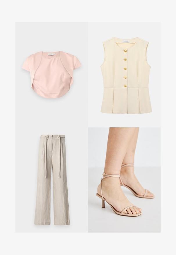 Boléro rose pâle à manches courtes avec devant ouvert et ourlet courbé, confectionné en tissu lisse, étalé à plat sur un fond gris.; Blouse sans manches crème avec un col rond, cinq boutons dorés décoratifs sur le devant, taille cintrée et légère évasée à l'ourlet.; Pantalons larges en lin beige clair avec une taille haute, des plis avant et un détail de ceinture nouée. Texture lisse et coupe décontractée.; Sandales nues à brides avec une fine bride de cheville, un design à bout carré et un petit talon carré. Texture lisse avec un minimum de détails.