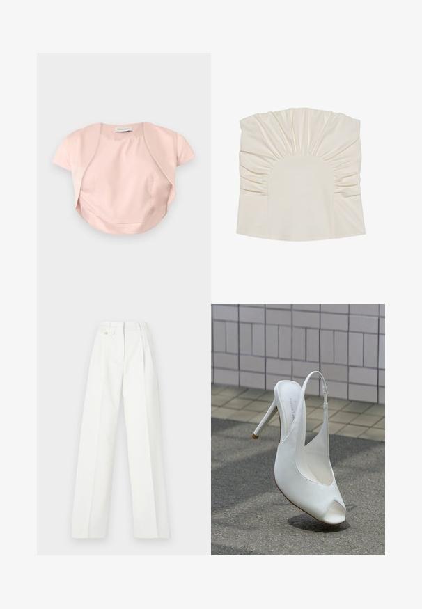 Boléro rose pâle à manches courtes avec devant ouvert et ourlet courbé, confectionné en tissu lisse, étalé à plat sur un fond gris.; Haut couleur crème avec tissu froncé, présentant un décolleté arrondi et une texture lisse. Le design comprend des plis le long des bords.; Pantalons larges blancs avec des plis, des passants de ceinture et une fermeture à bouton. Texture lisse, design structuré, adapté à diverses occasions.; Chaussure blanche à talon haut avec bride arrière et bout ouvert sur le trottoir devant un mur carrelé, projetant une ombre sur le sol.
