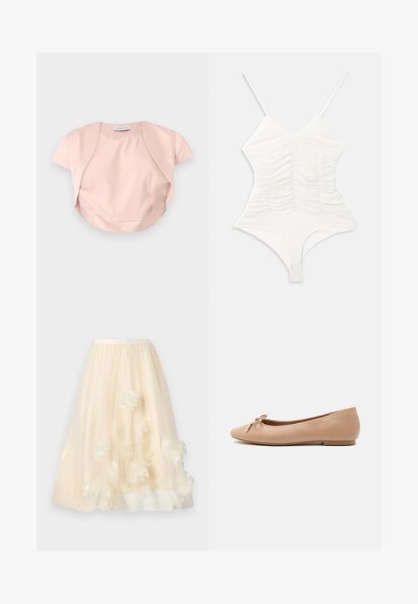 Boléro rose pâle à manches courtes avec devant ouvert et ourlet courbé, confectionné en tissu lisse, étalé à plat sur un fond gris.; Body blanc avec bretelles réglables, décolleté en V et détail froncé à l'avant. Design ajusté avec une texture lisse et extensible.; Jupe longue en tulle crème avec une doublure intérieure et des appliques florales 3D dispersées près de l'ourlet.; Ballerine en cuir beige avec bout arrondi, semelle plate basse et nœud décoratif avec embouts métalliques sur le dessus.