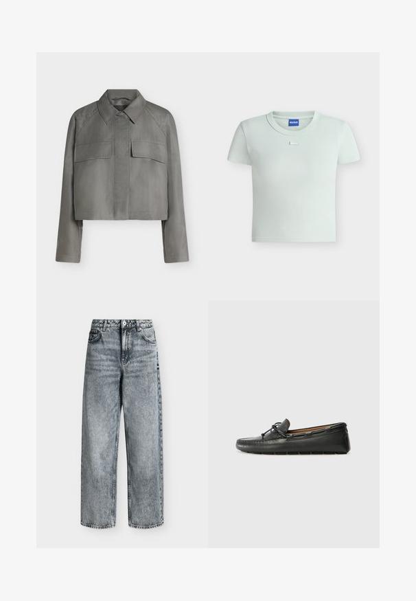 Veste grise courte avec manches longues, col pointu, poches à rabat devant et fermeture boutonnée invisible sur fond uni.; T-shirt court à manches courtes côtelé vert menthe clair avec col rond et petit patch logo "Hugo" au centre de la poitrine.; Jean taille haute à jambes droites en denim gris délavé avec poches avant, passants de ceinture et fermeture par bouton.; Bateau en cuir noir avec un bout arrondi, des détails de couture, un petit accent en nœud et une semelle en caoutchouc. Texture lisse et design épuré.
