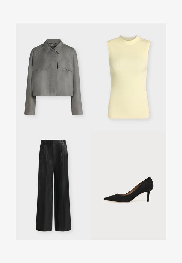 Veste grise courte avec manches longues, col pointu, poches à rabat devant et fermeture boutonnée invisible sur fond uni.; Top sans manches en maille côtelée jaune pâle avec un col rond montant, silhouette ajustée et tissu doux texturé.; Pantalon noir à jambes larges en simili cuir, taille haute et détail de ceinture sur le côté, sur fond gris clair.; Escarpin en daim noir à bout pointu avec un talon stiletto fin de hauteur moyenne et un design à coupe basse sur un fond uni.