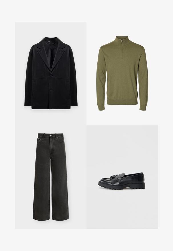 Sort læderblazer med rejsekrave, to knapper og sidelommer. Har en glat tekstur og en struktureret silhuet.; Grøn langærmet pullover med høj krave og kort lynlås foran, lavet af blødt strikket stof.; Sorte jeans med høj talje og vide ben med knap- og lynlås-lukning, for- og baglommer, vist mod en hvid baggrund.; Sorte læder loafers med en blank finish, kraftig gummisål og dekorativt frynse-detalje på forsiden.