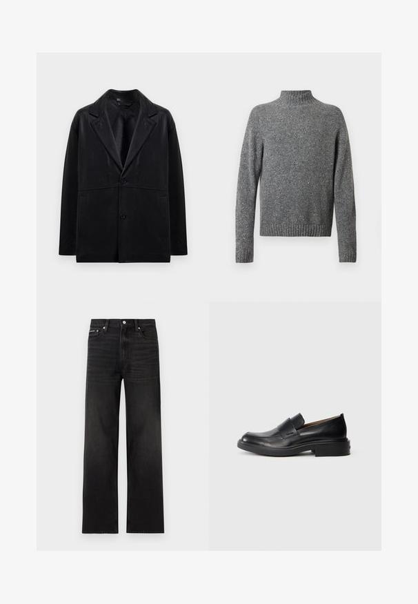 Sort læderblazer med rejsekrave, to knapper og sidelommer. Har en glat tekstur og en struktureret silhuet.; Grå spottet strikket sweater med høj krave, lange ærmer og ribstrikkede manchetter og bund.; Sorte jeans med lige ben, fem-lomme design, bæltestropper og knaplukning, vist på en hvid baggrund.; Sorte læder slip-on dress sko med lav hæl og subtil Calvin Klein logo på siden, vist i profil på en hvid baggrund.