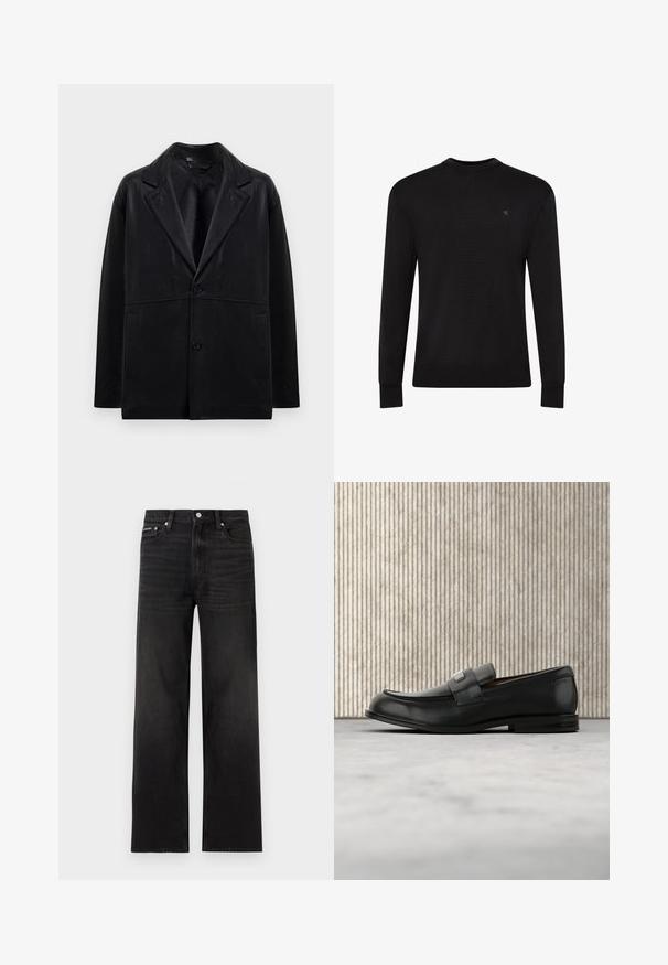 Zwarte leren blazer met een opstaande kraag, twee knopen en zijzakken. Beschikt over een soepele textuur en een gestructureerde silhoët.; Zwarte trui met lange mouwen en ronde hals, met een klein subtiel logo op de bovenste linkerborst en geribbelde manchetten en zoom.; Zwarte jeans met rechte pijpen, vijf zakken, riemlussen en knoopsluiting, weergegeven op een witte achtergrond.; Zwarte leren loafer met een metalen merktekenplaatje, rustend bij een bruine ronde tafel op een beige tapijtvloer.