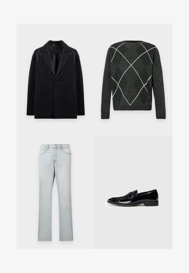 Sort læderblazer med rejsekrave, to knapper og sidelommer. Har en glat tekstur og en struktureret silhuet.; Mørkegrå sweater med et struktureret argyle-mønster i sort og hvid. Har en rund hals og ribbede manchetter. Blødt stof, lange ærmer.; Lyseblå straight-leg jeans med forreste knap, lynlås og fem-lomme design på en ensfarvet baggrund.; Sorte patenterede læder loafers med et slankt design, rund tå og en syet detalje henover overdelen. Lav hæl og glat tekstur.