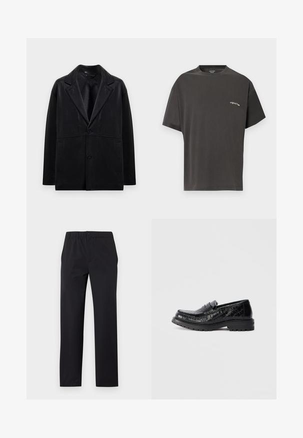 Schwarze Lederblazer mit Reverskragen, zwei Knöpfen und Seitentaschen. Verfügt über eine glatte Textur und eine strukturierte Silhouette.; Dunkelgraues T-Shirt mit kurzen Ärmeln und Rundhalsausschnitt, mit kleinem weißem Text "originals © 1990" auf der linken Brust.; Schwarze gerade geschnittene Hose mit elastischem Bund und einer vorderen Knopfverschluss, vor einem einfarbigen Hintergrund präsentiert.; Schwarzer Loafer aus Leder mit Krokodilleder-Textur, robustem Absatz und Penny-Strap, Seitenansicht, isoliert auf hellgrauem Hintergrund.