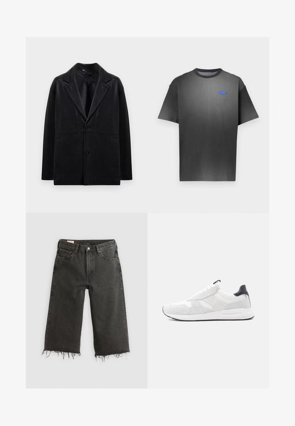 Sort læderblazer med rejsekrave, to knapper og sidelommer. Har en glat tekstur og en struktureret silhuet.; Grå T-shirt med korte ærmer, der har en subtil gradient, rund hals og et lille blåt logo på brystet. Glat stofstruktur.; Sorte jeans med rå kant og vid ben, lavet af denim, og med fem lommer samt metalknaplukning. Texturen er en smule grov.; Hvid sneaker med tekstureret ruskind og mesh-overdel, fremhævet af en sort hæltab. Har snørelukning og en tyk hvid mellemsål.