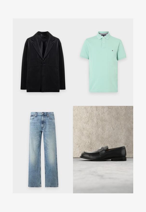 Zwarte leren blazer met een opstaande kraag, twee knopen en zijzakken. Beschikt over een soepele textuur en een gestructureerde silhoët.; Lichtmintgroene poloshirt van katoen, met een klassieke kraag, twee knoopsluiting en klein logo op de linkerborst.; Lichtblauwe denim jeans met rechte pijpen, een hoge taille, vijf zakken, knoopsluiting en subtiele vervaging op de dijen en knieën.; Zwarte leren loafer met een metalen merktekenplaatje, rustend bij een bruine ronde tafel op een beige tapijtvloer.