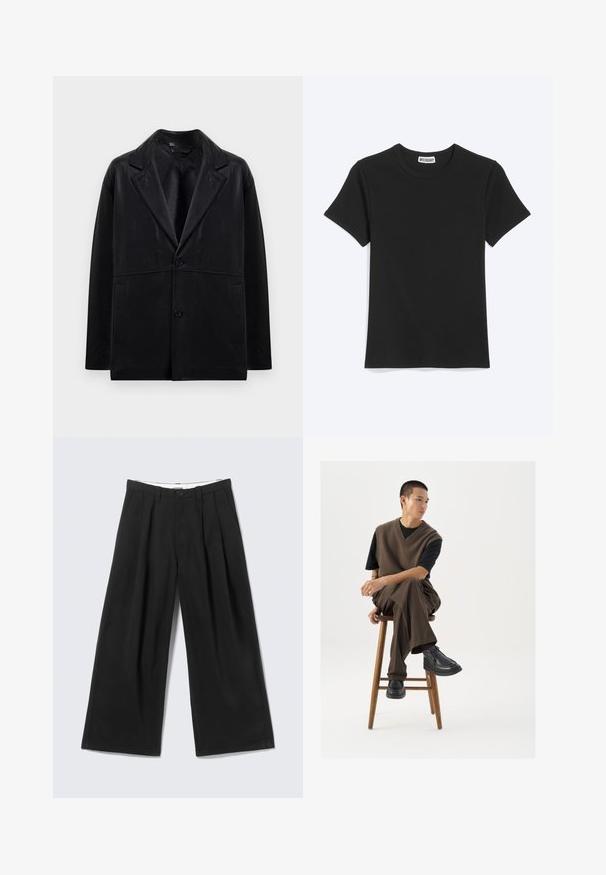 Sort læderblazer med rejsekrave, to knapper og sidelommer. Har en glat tekstur og en struktureret silhuet.; Enkel sort t-shirt med korte ærmer og rund hals med et Weekday-mærke inde i kraven, vist på en hvid baggrund.; Sorte bukser med vide ben, læg, bæltestropper og en knaplukning, vist mod en lys grå baggrund.; Brun strikket vest over en sort t-shirt, parret med brune vidde bukser og sorte chunky sko, siddende på en træstub.