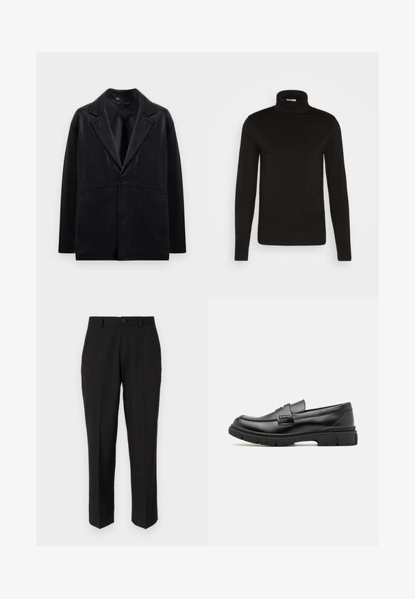 Sort læderblazer med rejsekrave, to knapper og sidelommer. Har en glat tekstur og en struktureret silhuet.; Sort turtleneck langærmet skjorte lavet af et glat stof med en tætsiddende design og en høj, tætsiddende krave. Ingen mønstre eller accenter synlige.; Sorte bukser lavet af glat stof, med lige ben design, forlommer, en enkelt knaplukning, og uden synlige mønstre.; Sort læder loafersko med en bred rem over forfoden, gummisål med tykke mønstre og glat overflade. Klassisk, slankt design.