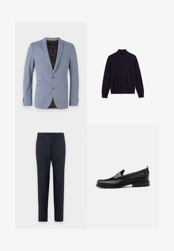 Lyseblå blazer lavet af struktureret stof, med to knapper, slagkraver, sidelommer og sort indvendig foret.; Sort langærmet rullekravesweater med ribstrikket krave, manchetter og nederkant, der viser et lille broderet logo på øvre venstre bryst.; DRYKORN AJEND - Chino - blue; Sort læderloafer med grå remdetalje, lav hæl og tekstureret sål, mærket med "HUGO" i guld på siden.