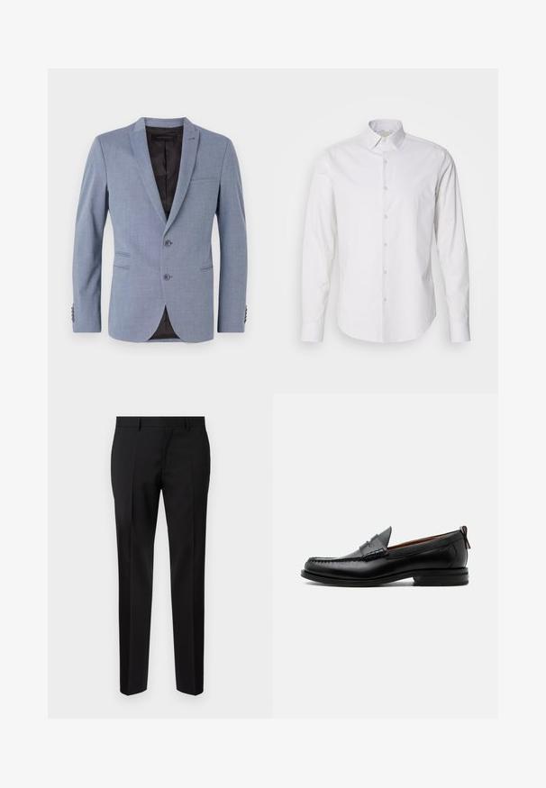 Blazer azul claro hecho de tela texturizada, con dos botones, solapas de muesca, bolsillos laterales y forro interior negro.; Camisa blanca de manga larga con cuello puntiagudo, cierre frontal con botones, fabricada en un tejido suave. Presenta una sutil textura a rayas.; Pantalones negros de corte ajustado, hechos de una tela suave, con pernera recta, detalles de pinzas refinadas y una cinturilla clásica con ojales para cinturón.; Mocasín de hombre de piel negra con costura moc toe, tira penny, cuello texturizado y tacón bajo apilado sobre fondo blanco.