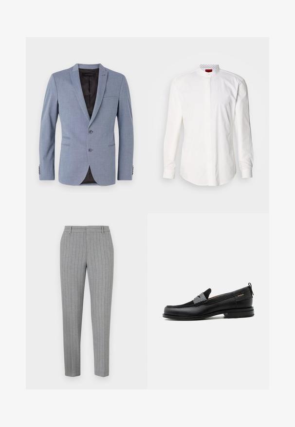 Lyseblå blazer lavet af struktureret stof, med to knapper, slagkraver, sidelommer og sort indvendig foret.; Hvid langærmet skjorte med høj krave, lavet af bomuld. Har en forlomme foran, minimalistisk design og subtil branding på den indvendige krave.; Grå bukser med tynde striber, skræddersyet pasform, flad front og sidelommer. Fremstillet af et glat stof med en subtil glans.; Sort læderloafer med grå remdetalje, lav hæl og tekstureret sål, mærket med "HUGO" i guld på siden.