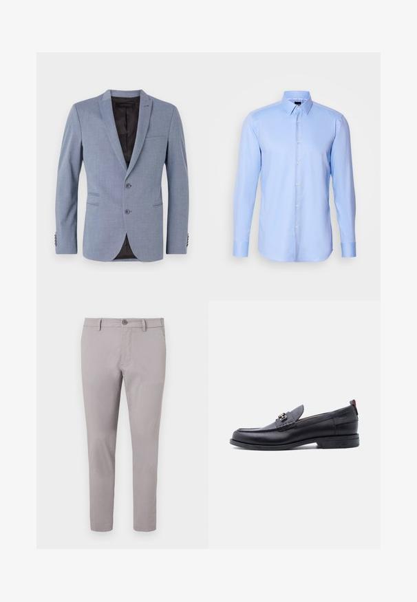 Lyseblå blazer lavet af struktureret stof, med to knapper, slagkraver, sidelommer og sort indvendig foret.; Lyseblå langærmet skjorte med knaplukning lavet af tekstureret stof, med spidse krave og klassisk knaplukning foran.; Grå bomulds chinos med en glat overflade, slim fit, frontknaplukning og sidelommer. Ankellang model med minimal detaljer.; Sort lædermokasin med grå tekstureret forfod, sølvfarvet metalspænde, lav hæl og trækflap bagpå.