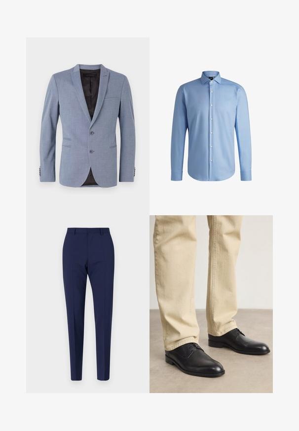 Heller blauer Blazer aus strukturiertem Stoff, mit zwei Knöpfen, Reverskragen, seitlichen Taschen und einem schwarzen Innenfutter.; BOSS H-JOE-SPREAD - Hemd - light blue; Marineblau maßgeschneiderte Hose mit schlanker Passform, die eine glatte Textur, einen flachen Vorderteil und gepolsterte Beine aufweist. Keine sichtbaren Taschen oder Verzierungen.; Schwarze Leder Schnürschuhe mit runder Zehenform, glatter Oberfläche und dezenten Nähdetails, getragen mit hellbeigen Hosen.