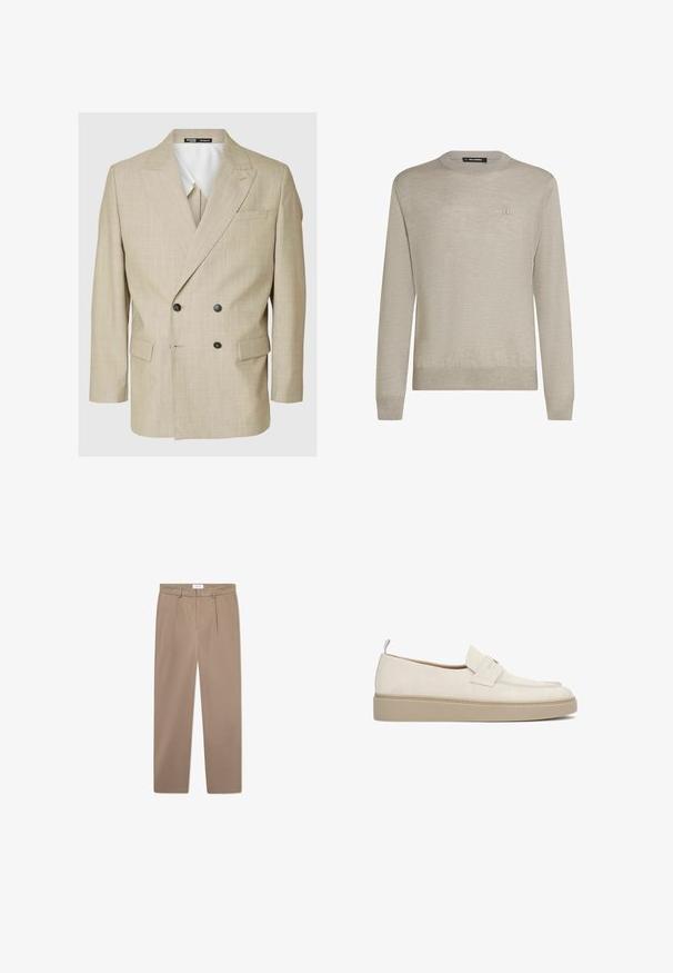 Blazer beige à double boutonnage en tissu texturé, avec des revers en notch, deux boutons noirs et des poches latérales pour une coupe décontractée.; Pull beige clair à col rond avec manches longues et broderie discrète du petit logo sur la poitrine gauche.; Pantalons beige ajustés à jambes droites, dotés de plis avant et d'une texture lisse. Taille mi-haute avec une ceinture sécurisée et sans matériel visible.; Mocassin à enfiler couleur crème avec semelle épaisse beige et détails cousus sur la tige, design minimaliste neutre.