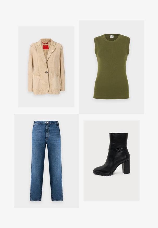 Beige Baumwolljacke mit Reverskragen, einfacher schwarzer Knopfverschluss, zwei Fronttaschen und sichtbaren Nähdetails. Rotes Etikett innen.; Ärmelloses, olivgrünes Tanktop aus einem glatten, dehnbaren Stoff. Es verfügt über einen runden Ausschnitt und eine figurbetonte Silhouette ohne sichtbare Nähte.; Blaue gerade geschnittene Jeans mit hoher Taille, aus Denim. Mit einem Frontknopf und einem Reißverschluss versehen, sowie dezenten Ausbleichungen im Stoff.; Schwarzer Lederstiefelette mit klobigem hohen Absatz, runder Spitze, strukturierter Sohle und umlaufendem Riemendetail am Knöchel.