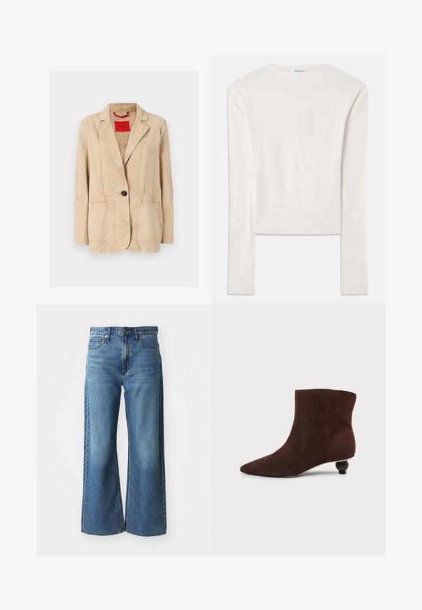 Veste en coton beige avec un revers cranté, fermeture à un bouton noir, deux poches avant et des détails de couture visibles. Étiquette rouge à l'intérieur.; Haut à manches longues blanc en coton, dotée d'un col ras du cou simple et d'une coupe ajustée. Le tissu est lisse avec une légère élasticité.; Jean en denim bleu à jambes larges avec une taille mi-haute, cinq poches et un léger dégradé. Caractéristiques : passants de ceinture et détails cousus.; Boots en daim marron foncé à bout pointu et petit talon rond décoratif sur fond clair uni.
