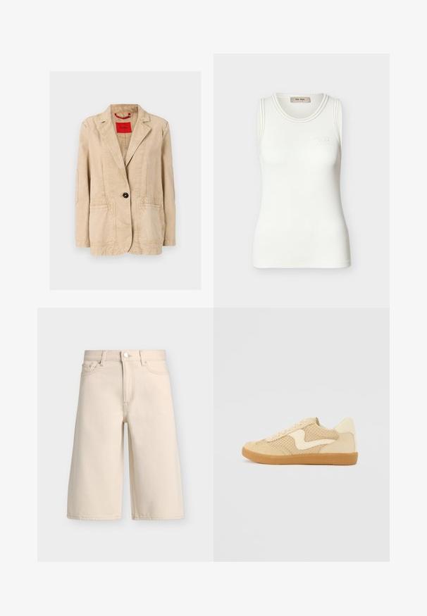 Cazadora de algodón beige con solapas muesca, cierre de un solo botón negro, dos bolsillos frontales y detalles de costura visibles. Etiqueta roja en el interior.; Camiseta sin mangas blanca acanalada con cuello redondo y un sutil logo "Mos Mosh" en el pecho.; Pantalones cortos de mezclilla beige hasta la rodilla con botón y cremallera delanteros, trabillas para cinturón y estilo de cinco bolsillos.; Zapatillas beige con materiales de ante y malla, forma redondeada, cuello acolchado prominente y suela de goma. Presenta un diseño en forma de ola como acento.
