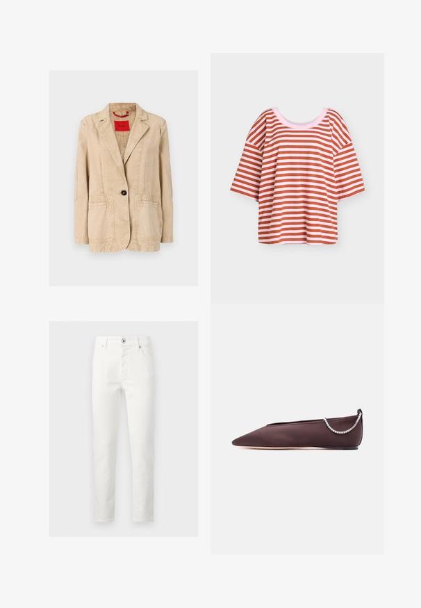 Beige bomuldsjakke med dekorativ krave, enkelt sort knaplukning, to forlommer og synlige syninger. Rød label indeni.; Kortærmet T-shirt med vandrette pink og brune striber og en rund halsudskæring på en lys grå baggrund.; Herre hvidt slim-fit jeans med knap- og lynlås lukning, for- og baglommer, vist mod en grå baggrund.; Mørkebrun flad sko med spids tå, lav hæl og en sølvfarvet rhinstenkæde detalje bagpå.