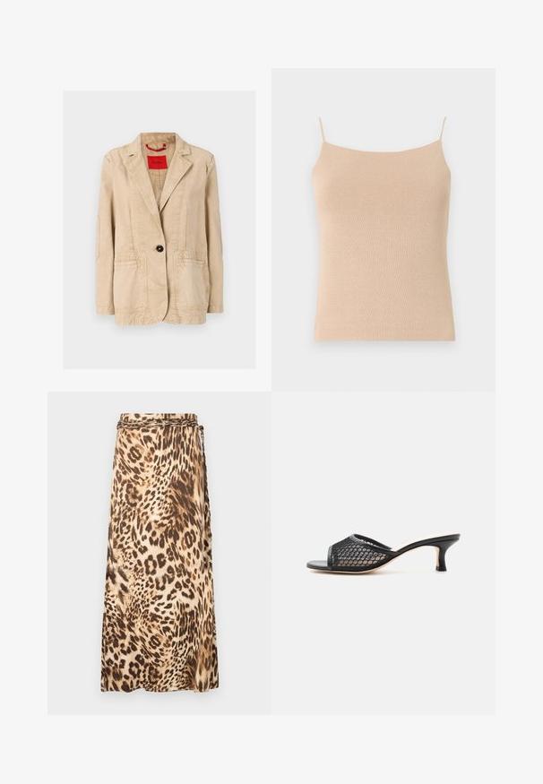 Beige Baumwolljacke mit Reverskragen, einfacher schwarzer Knopfverschluss, zwei Fronttaschen und sichtbaren Nähdetails. Rotes Etikett innen.; Beige gestricktes Cami mit dünnen Trägern, das ein tailliertes Design und einen strukturierten Stoff aufweist, ideal zum Layering oder für legere Outfits.; Leopardenmuster, fließender Maxirock in beige und braunen Tönen mit einem geflochtenen Taillendetail. Glatter Stoff mit einer drapierten Silhouette.; Schwarzer offener Mule mit Mesh-Obermaterial und niedrigem Kittenabsatz, seitlich auf einfarbigem Hintergrund gezeigt.