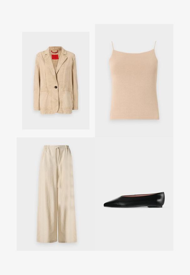 Beige katoenen jas met een gelapte revers, een enkele zwarte knoopsluiting, twee voorzakken en zichtbare stikseldetails. Rode label aan de binnenkant.; Beige gebreide top met dunne bandjes, met een aansluitend ontwerp en textuurstof, ideaal voor het dragen in lagen of casual gebruik.; Licht beige wijde broek van zachte stof, met verticale strepen en een elastische tailleband met een trekkoord detail.; Zwarte leren damesschoen met platte zool, puntige neus en lage hak, zijwaarts afgebeeld tegen een effen lichtgrijze achtergrond.