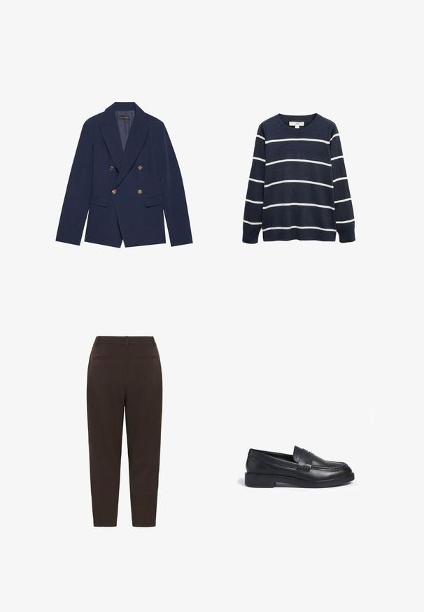 Navyblauwe dubbelzijdige blazer van gladde stof, met gouden knopen, ingesneden revers en twee voorzakken.; Marineblauwe trui met witte horizontale strepen, ronde halslijn, lange mouwen, geribde manchetten en zoom, gemaakt van zachte gebreide stof.; Donkerbruine op maat gemaakte broek, gezien van achteren, met riemlussen en twee horizontale paspelzakken.; Zwarte leren instappers met een lage blokhak, voorzien van een geweven accent op de wreef en decoratieve stiksels langs de randen.