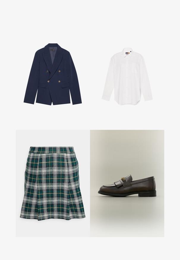 Navyblauwe dubbelzijdige blazer van gladde stof, met gouden knopen, ingesneden revers en twee voorzakken.; Wit shirt met lange mouwen van katoen, met een knoopsluiting aan de voorkant, kraag en een enkele borstzak. Gladde textuur en klassiek ontwerp.; Hollister Co. PLEATED MINI SKIRT - Minirok - green; Donkerbruine leren loafer met franjes en gouden gesp op zwarte zool, gezien van opzij tegen een neutrale achtergrond.