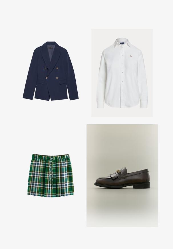 Navyblauwe dubbelzijdige blazer van gladde stof, met gouden knopen, ingesneden revers en twee voorzakken.; Wit overhemd met lange mouwen, knoopsluiting en kraag en een klein geborduurd logo op de linkerborst, weergegeven op een effen achtergrond.; Groene geruite plooienrok met elastische tailleband en voorste trekkoord, met een patroon van witte, marineblauwe en gele strepen.; Donkerbruine leren loafer met franjes en gouden gesp op zwarte zool, gezien van opzij tegen een neutrale achtergrond.