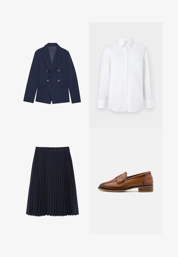 Blazer croisé bleu marine en tissu lisse, doté de boutons dorés, de revers crantés et de deux poches avant.; Chemise blanche à manches longues en tissu lisse, avec un devant boutonné, un col classique et un ourlet arrondi avec des poignets boutonnés.; Jupe plissée marine en tissu doux. Dotée d'une large ceinture élastique, elle tombe juste au-dessus du genou avec une texture lisse.; Mocassins en cuir marron avec un panneau avant tissé texturé, bout rond et petit talon empilé. Finition lisse avec des détails de couture subtils.