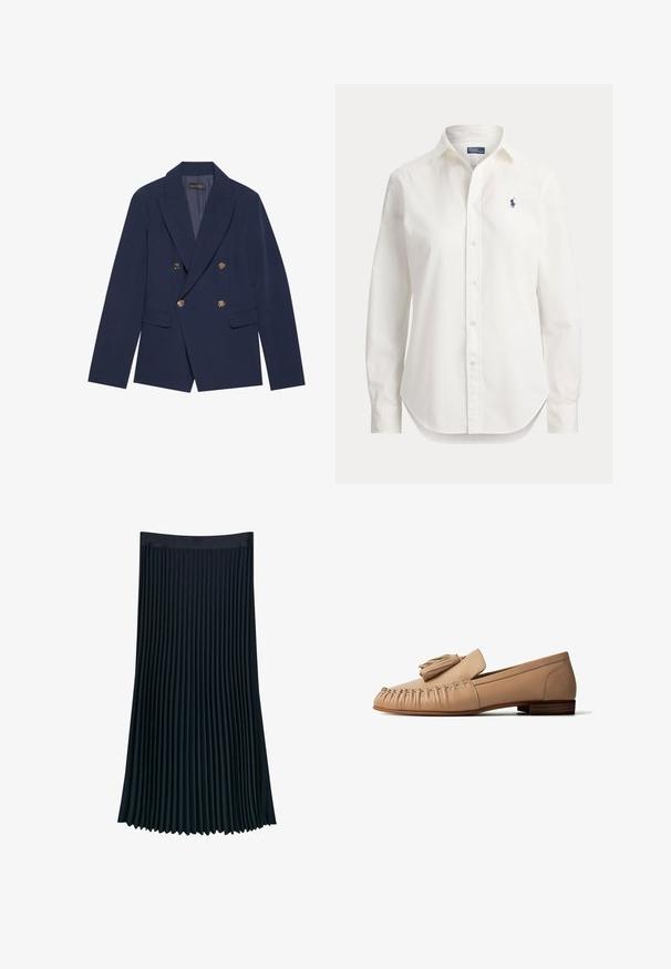 Blazer azul marino de doble botonadura, hecho de una tela suave, con botones dorados, solapas con muesca y dos bolsillos frontales.; Camisa blanca de manga larga con botones, cuello y pequeño logo azul de jugador de polo en el pecho izquierdo.; Falda plisada en tela azul marino oscuro, con una cinturilla lisa y plisados verticales que aportan textura y movimiento, con una silueta fluida.; Mocasín de cuero beige con detalle de borlas, costura estilo mocasín y tacón de madera bajo, mostrado de perfil sobre fondo blanco.