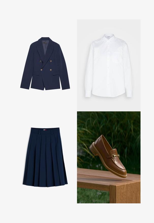 Navyblauwe dubbelzijdige blazer van gladde stof, met gouden knopen, ingesneden revers en twee voorzakken.; GAP CLASSIC SHIRT - Overhemdblouse - optic white; Marineblauwe geplooide rok met ceintuurlussen en een klein rood, wit en blauw logo-label op de tailleband, getoond op een witte achtergrond.; Bruine leren loafer met gouden gespdetail zwevend boven een houten bank buiten met groene bladeren op de achtergrond.