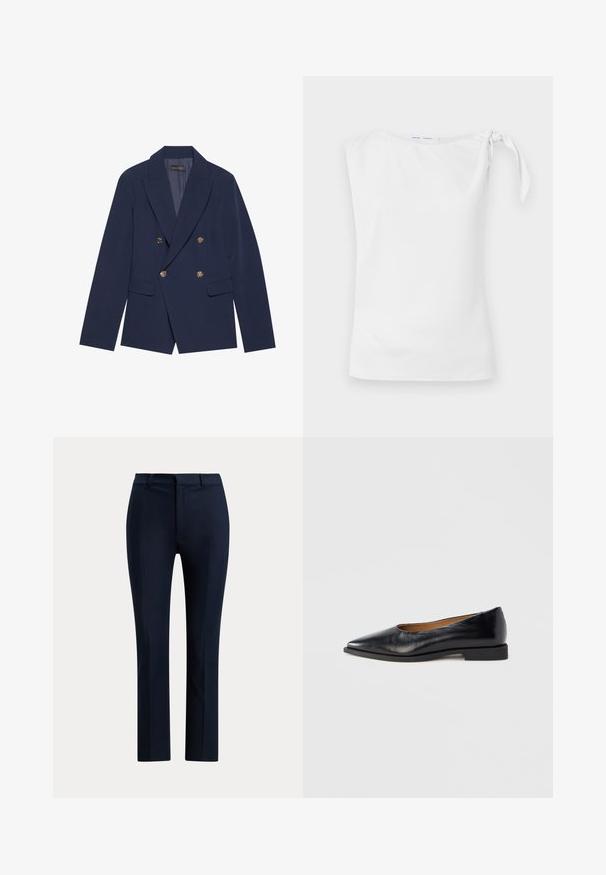 Marineblaues, doppelt geknöpftes Blazer aus glattem Stoff, mit goldfarbenen Knöpfen, Reverskragen und zwei Vordertaschen.; Weißes ärmelloses Oberteil mit asymmetrischem Ausschnitt und gebundenem Detail an der linken Schulter, aus einem glatten, leichten Stoff gefertigt.; Marineblaue, maßgeschneiderte Anzughose mit geradem Bein, Gürtelschlaufen und vorderem Reißverschluss.; Schwarzer Lederflachschuh mit spitz zulaufender Zehe und niedrigem, quadratischem Absatz. Glatte Textur, minimalistisches Design, ohne sichtbare Beschläge oder Muster.
